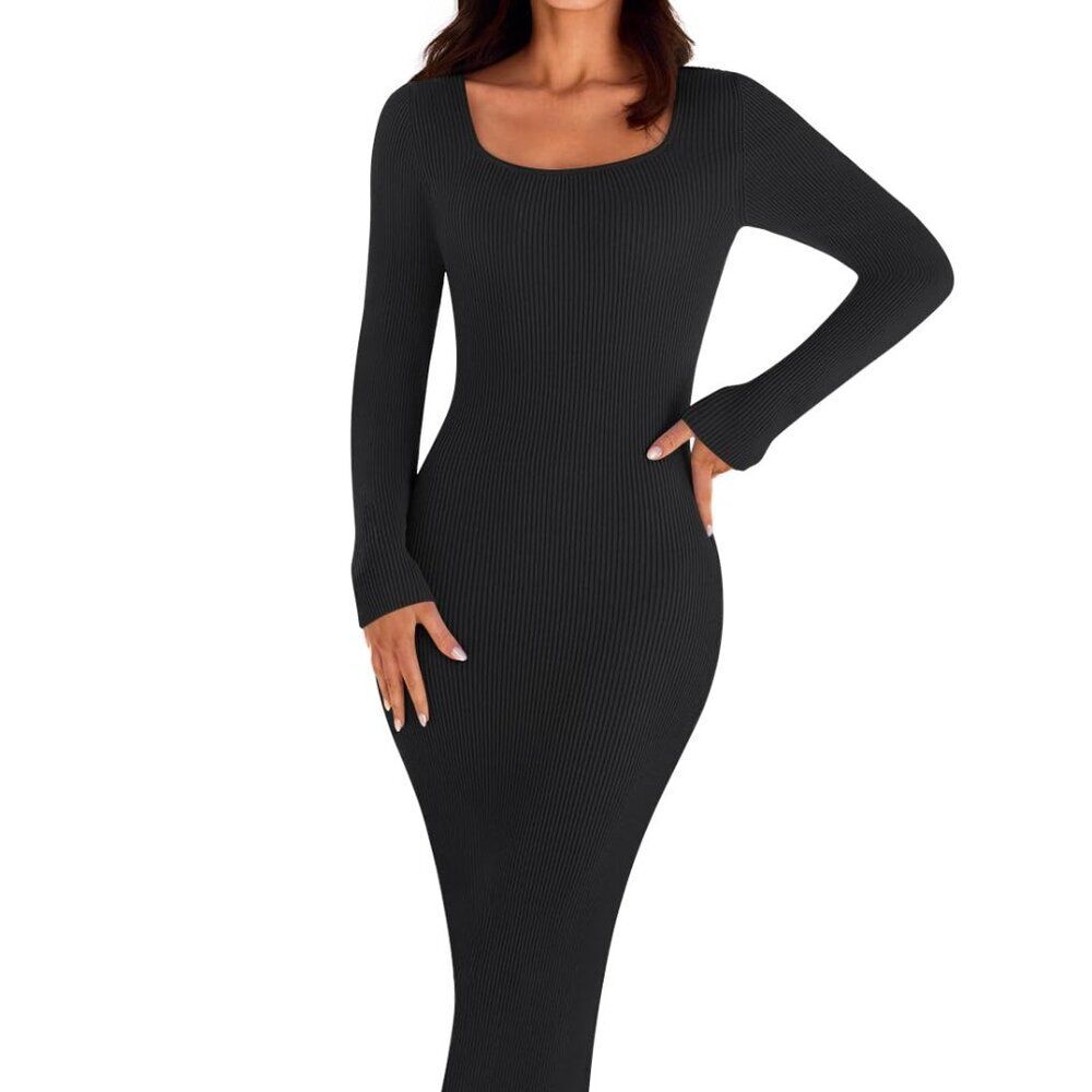 Square Neck Ribbed Knit Bodycon Maxi Dress Long Sleeve Fall Winter Party Dress
